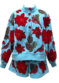 QUEEN OF SPARKLES Women's Cardinal & Pine Cone Henley Shorts in aqua poinsettia - women's sleepwear - detail view