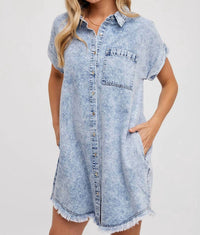 Bluivy - Frayed Hem Denim Shirt Dress