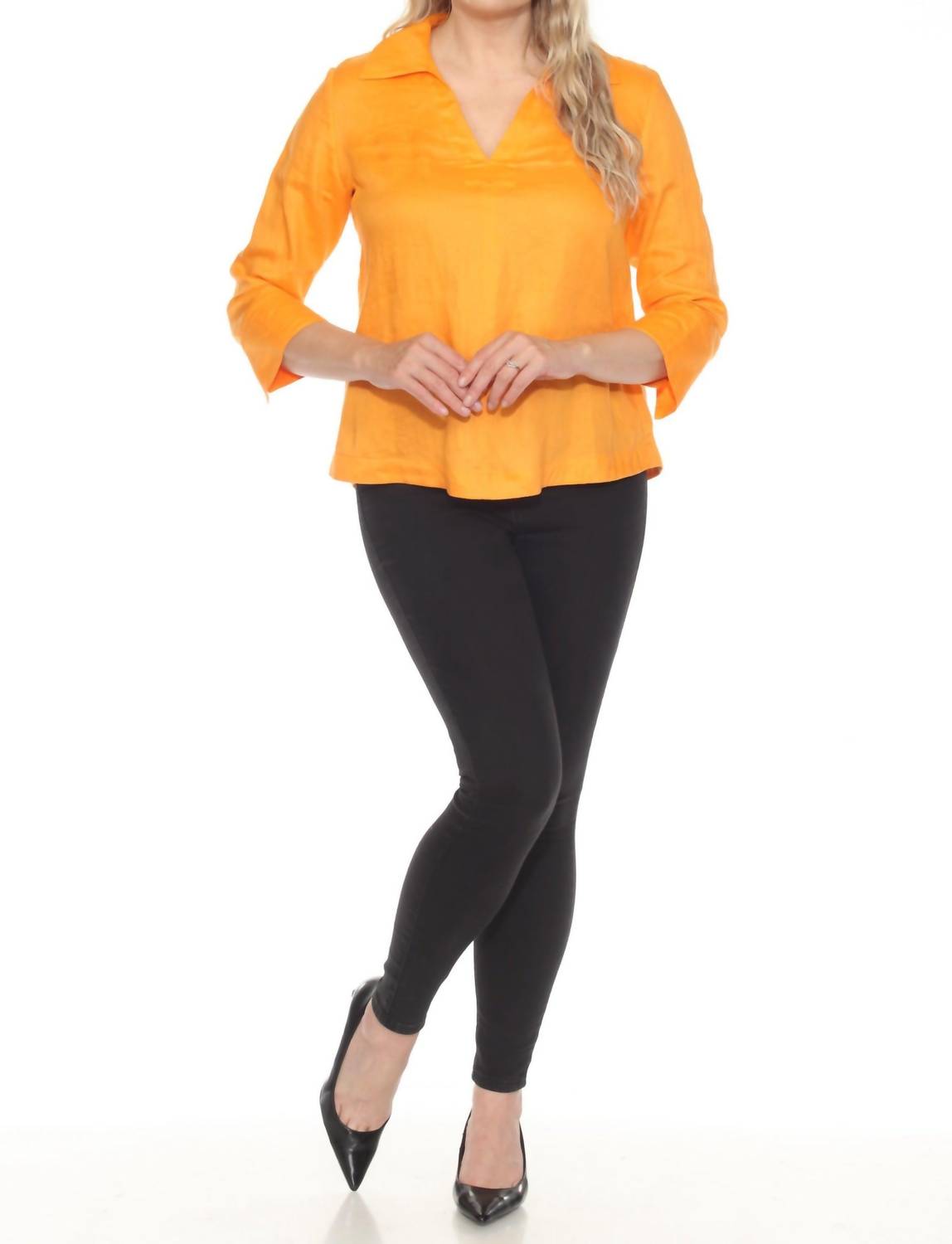 Joseph Ribkoff Collared V-neck 3/4 Sleeve Linen Top in apricot - women's blouse