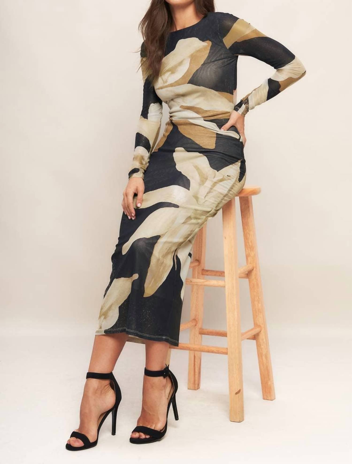 Flying Tomato - Printed Power Mesh Midi Dress