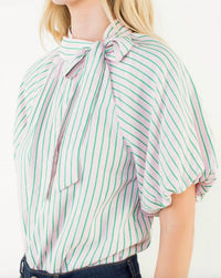 THML Puff Sleeve Striped Top in green pink - women's blouse - alternate view