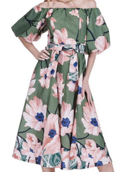 Jade Bloom Off-shoulder Flared Midi Dress in olive - women's dress - detail view