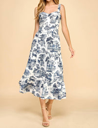 Tcec - Toile Printed Sweetheart Neckline Midi Dress