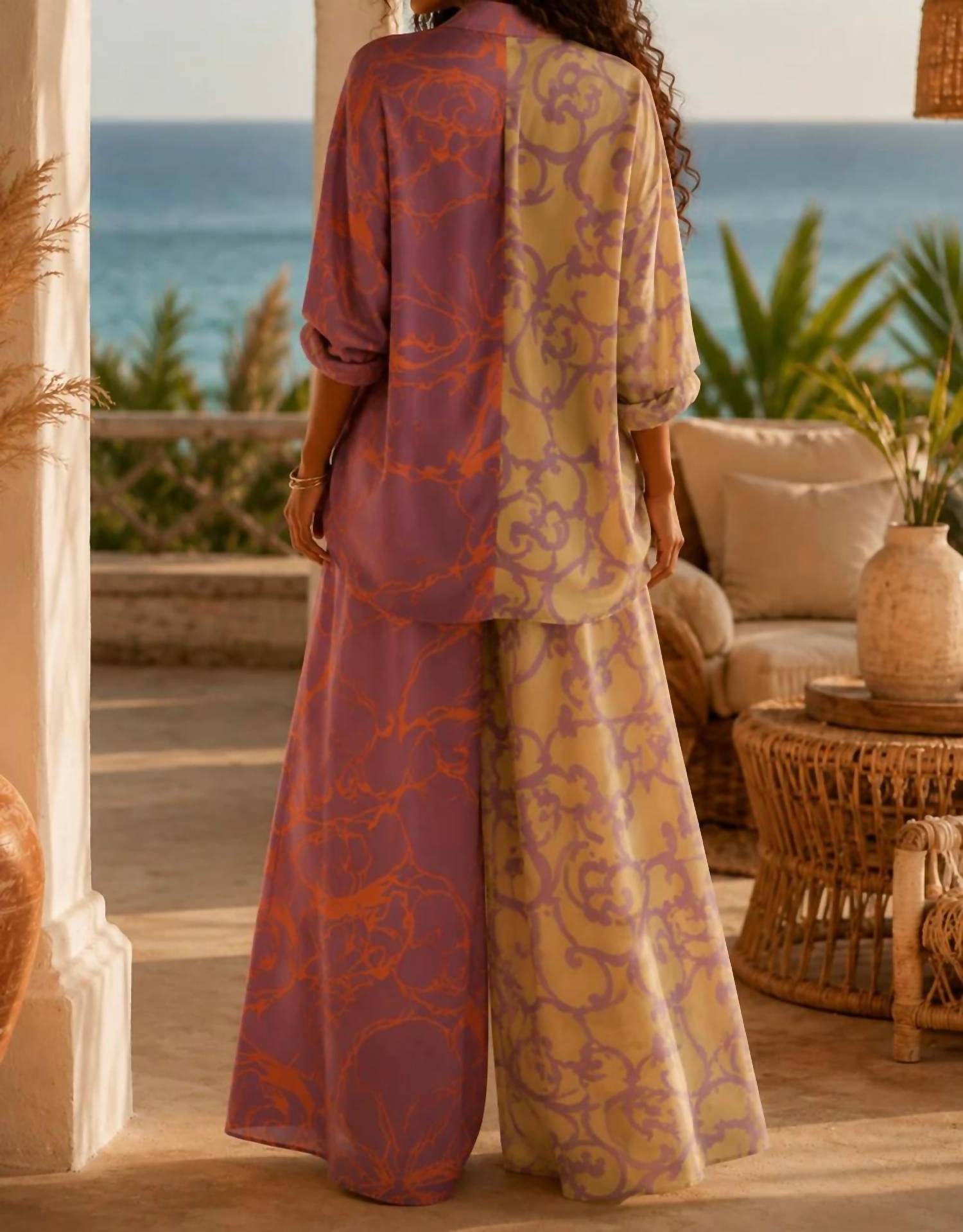 Surelymine - Printed Satin Shirt & Wide Leg Pant Set