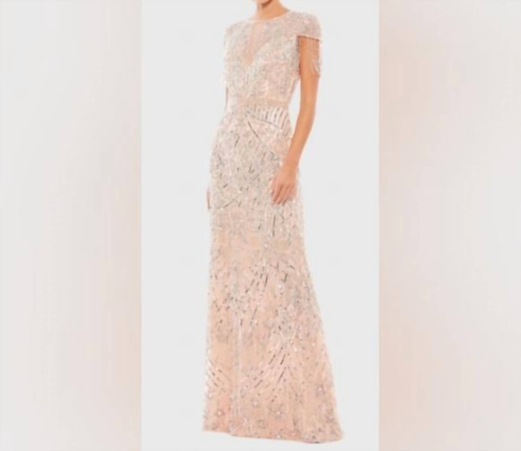 Ieena For Mac Duggal - Embellished Fringe Cap Sleeve Trumpet Gown