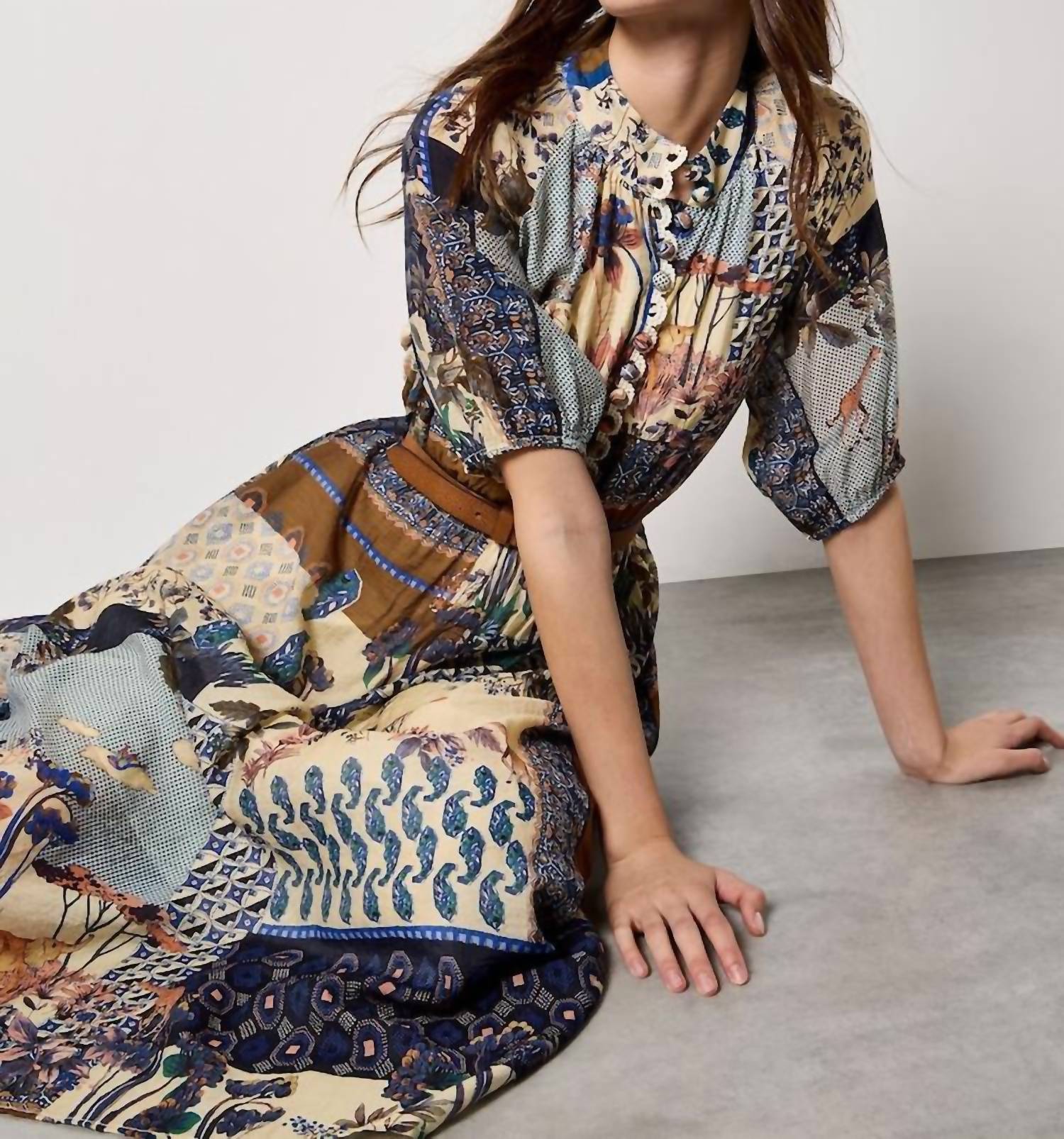 APRICOT Patchwork Art Midi Shirt Dress in navy - women's dress - alternate view