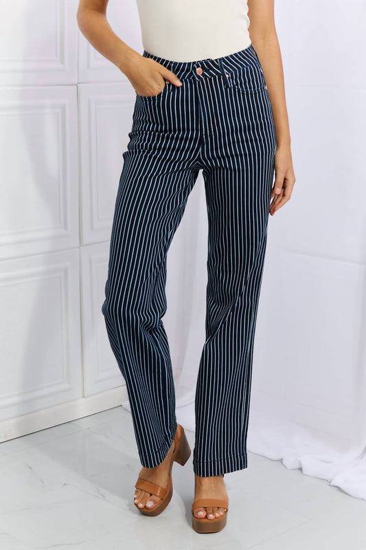 Judy Blue - High Waist Tummy Control Striped Straight Trouser Jeans