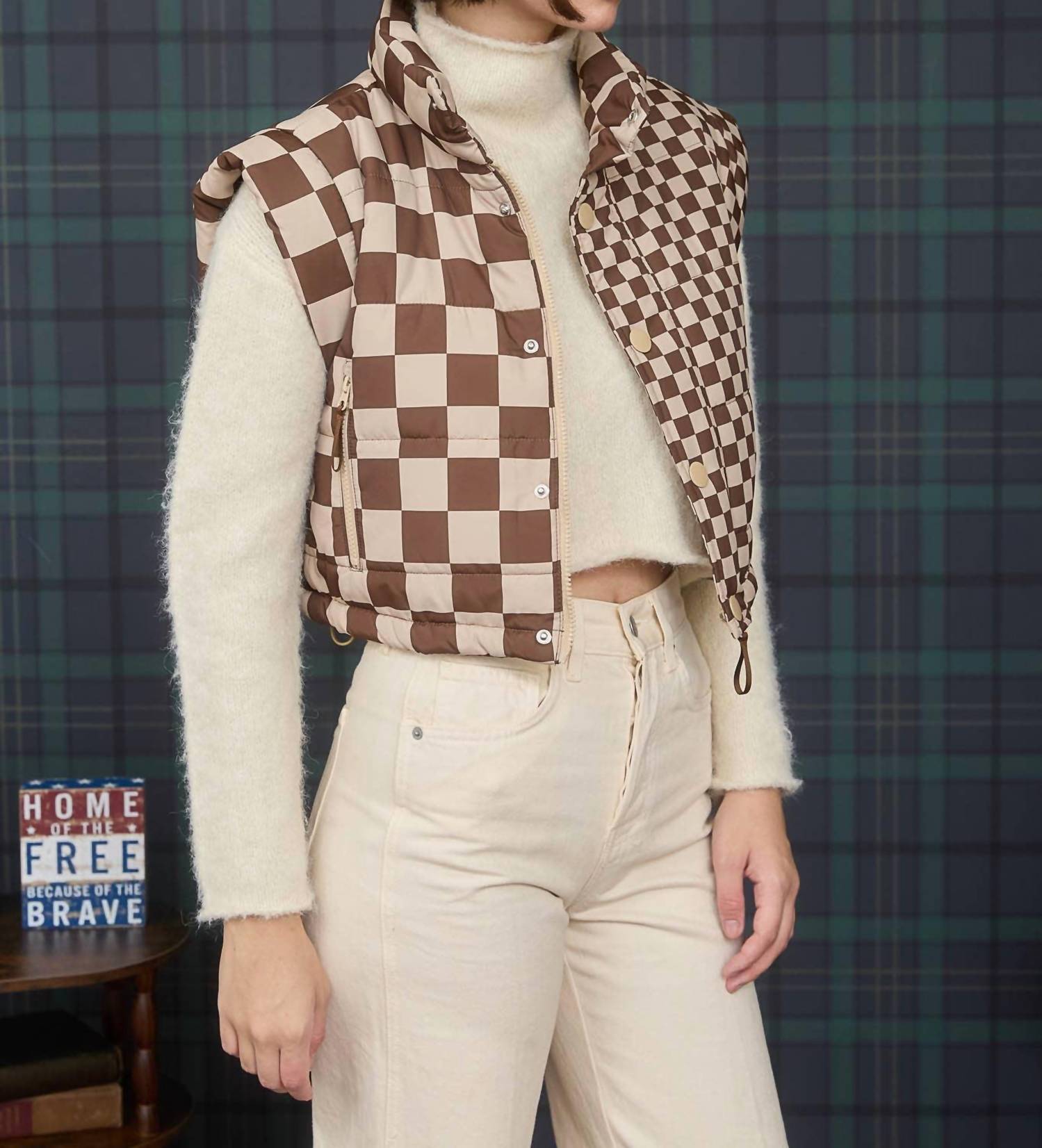 Little Daisy Closet - Checkerboard Stitched Zip Up Stand Neck Vest