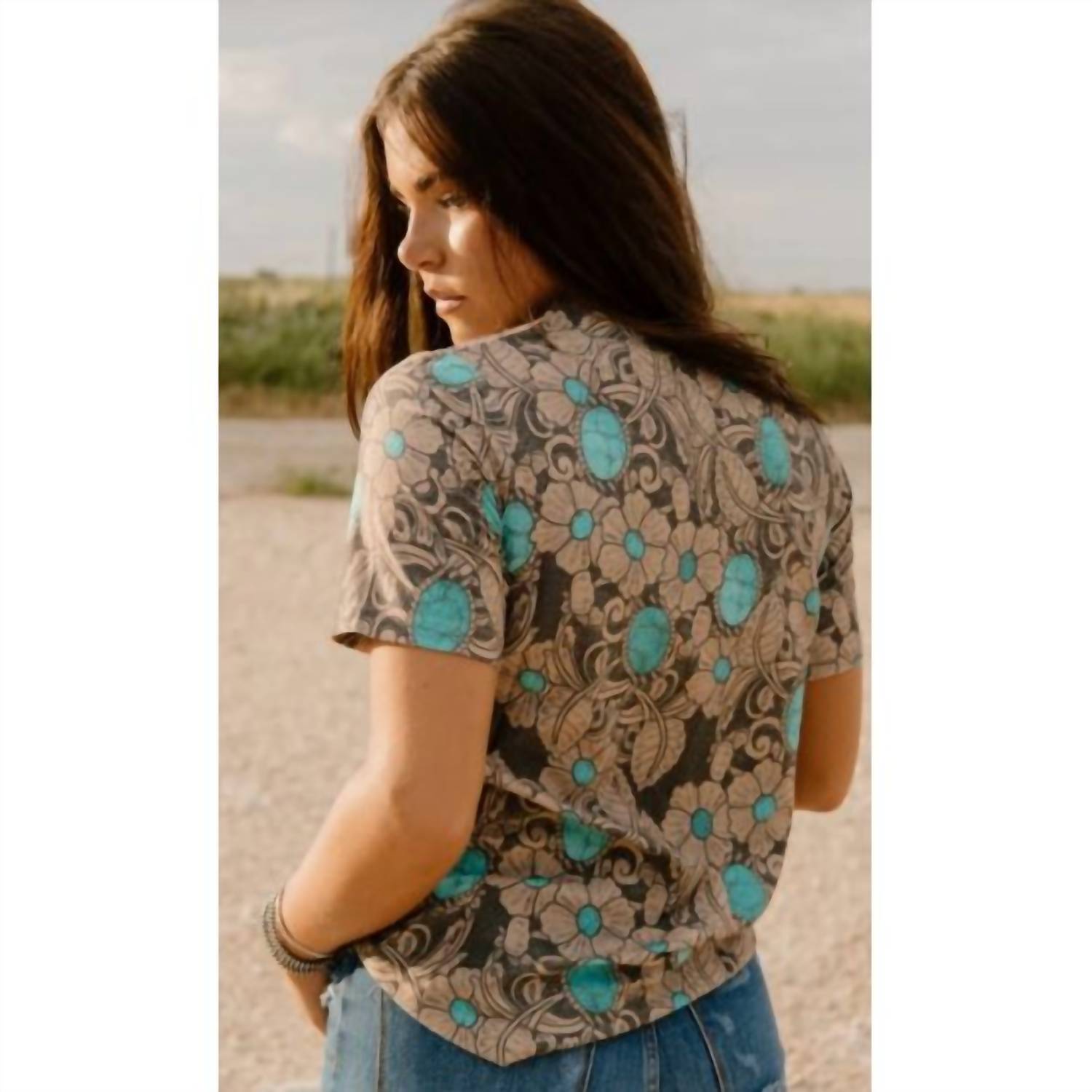 Sterling Kreek Women's Tattoos On This Town Print V-neck Top in turquoise multi - women's t-shirt - alternate view