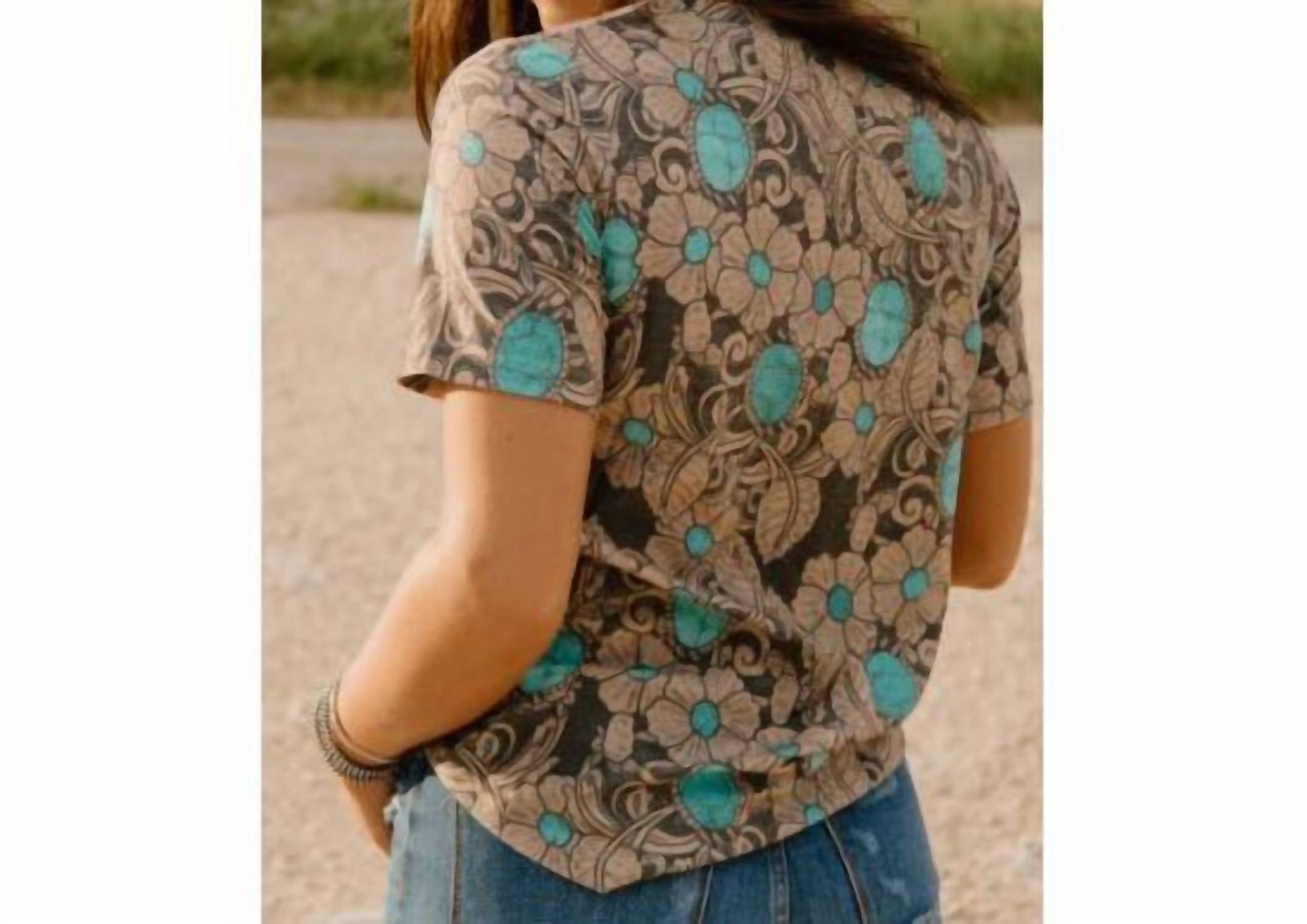 Sterling Kreek Women's Tattoos On This Town Print V-neck Top in turquoise multi - women's t-shirt - detail view
