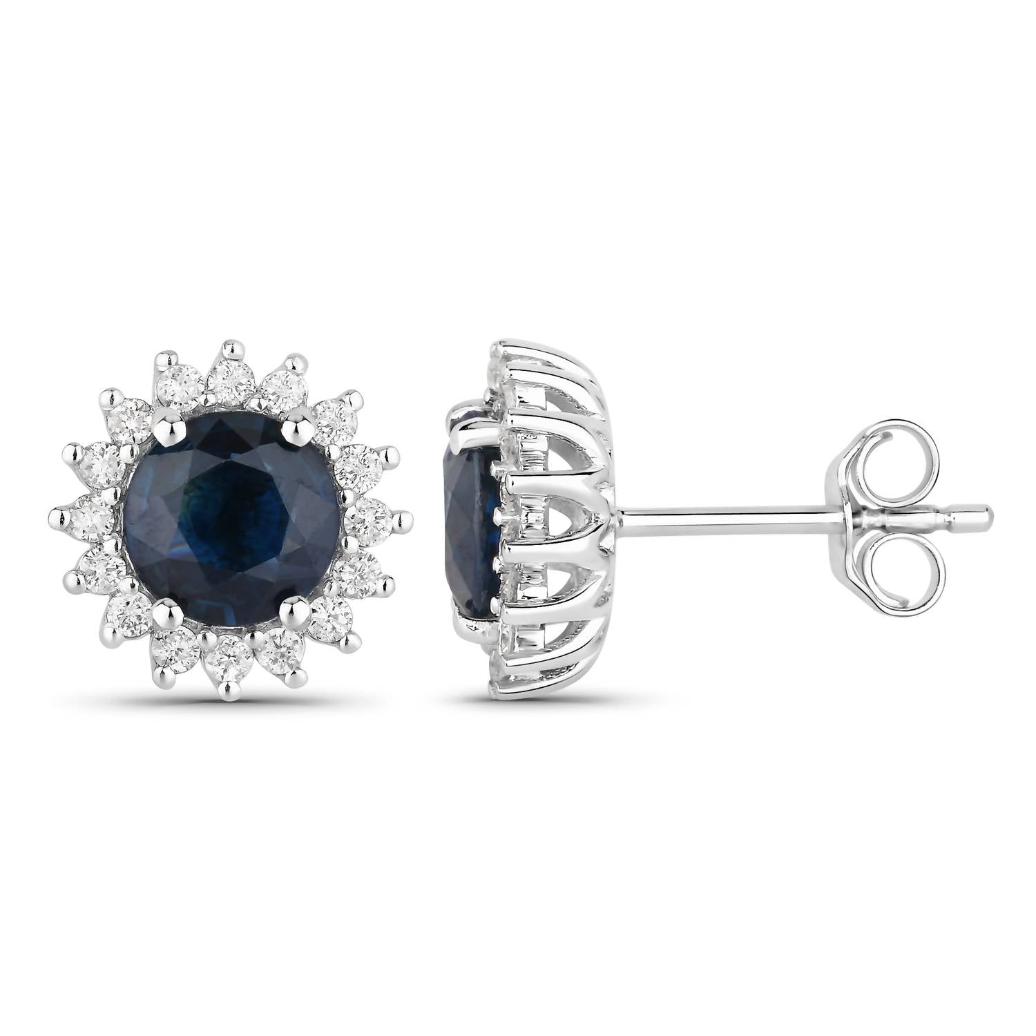 Diana M Jewels Women's Round Natural Blue Sapphire Stud Earrings (2.38 Ct) - Classic Plus in 14k white gold - women's jewelry - detail view