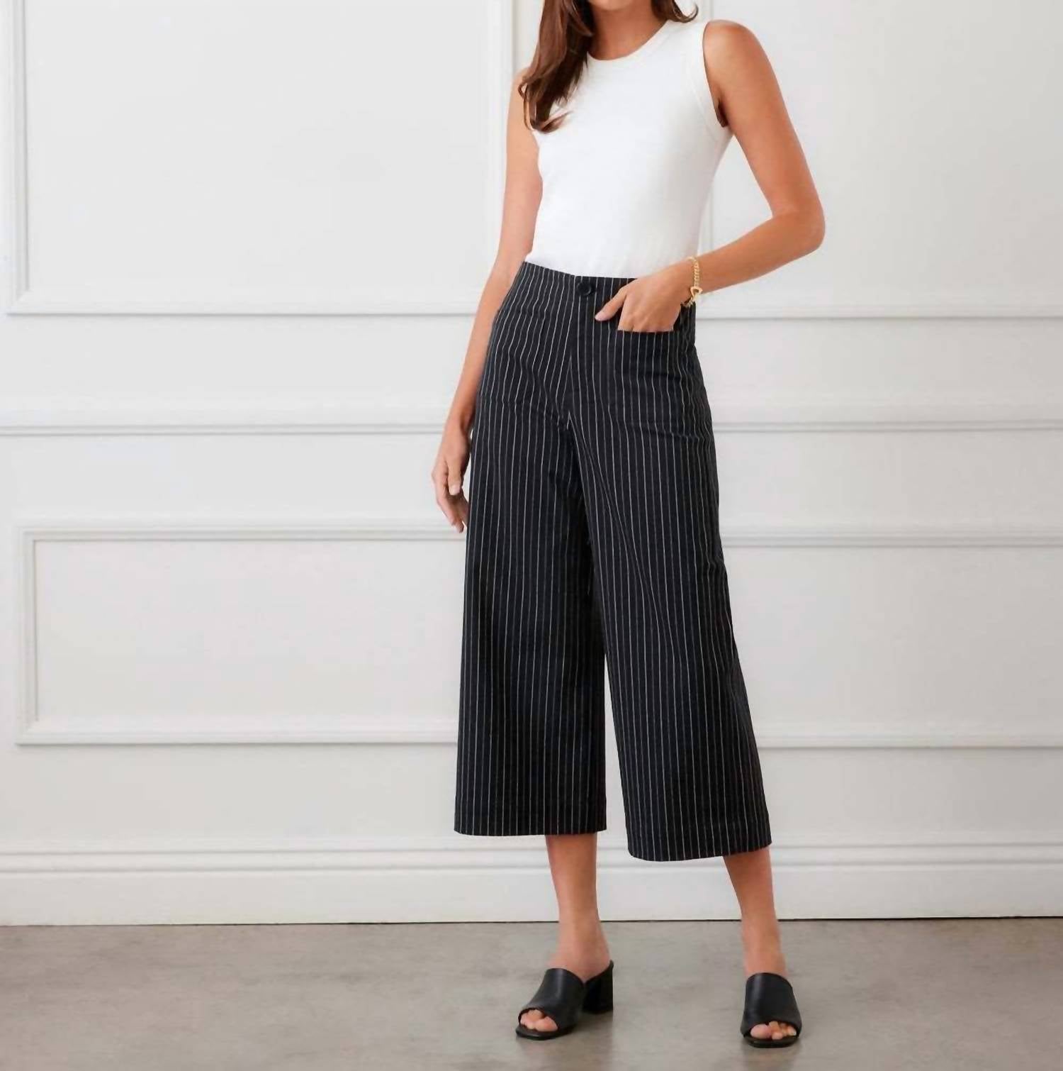 Karen Kane Stripe Cropped Wide-Leg Pants in black with off white - women's pants - view 4