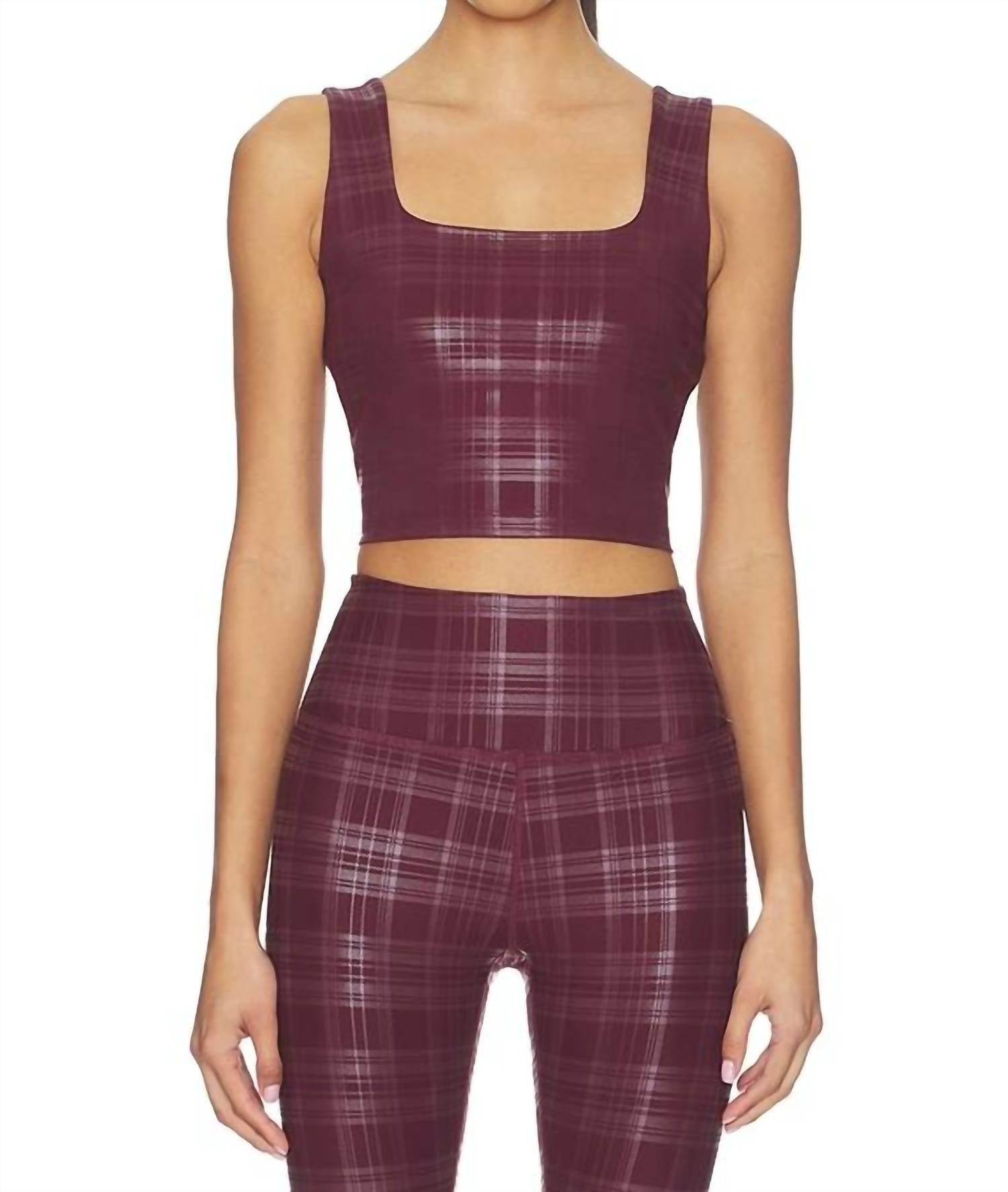BEYOND YOGA High Cropped Tank Top in plaid foil burgundy - women's tank top