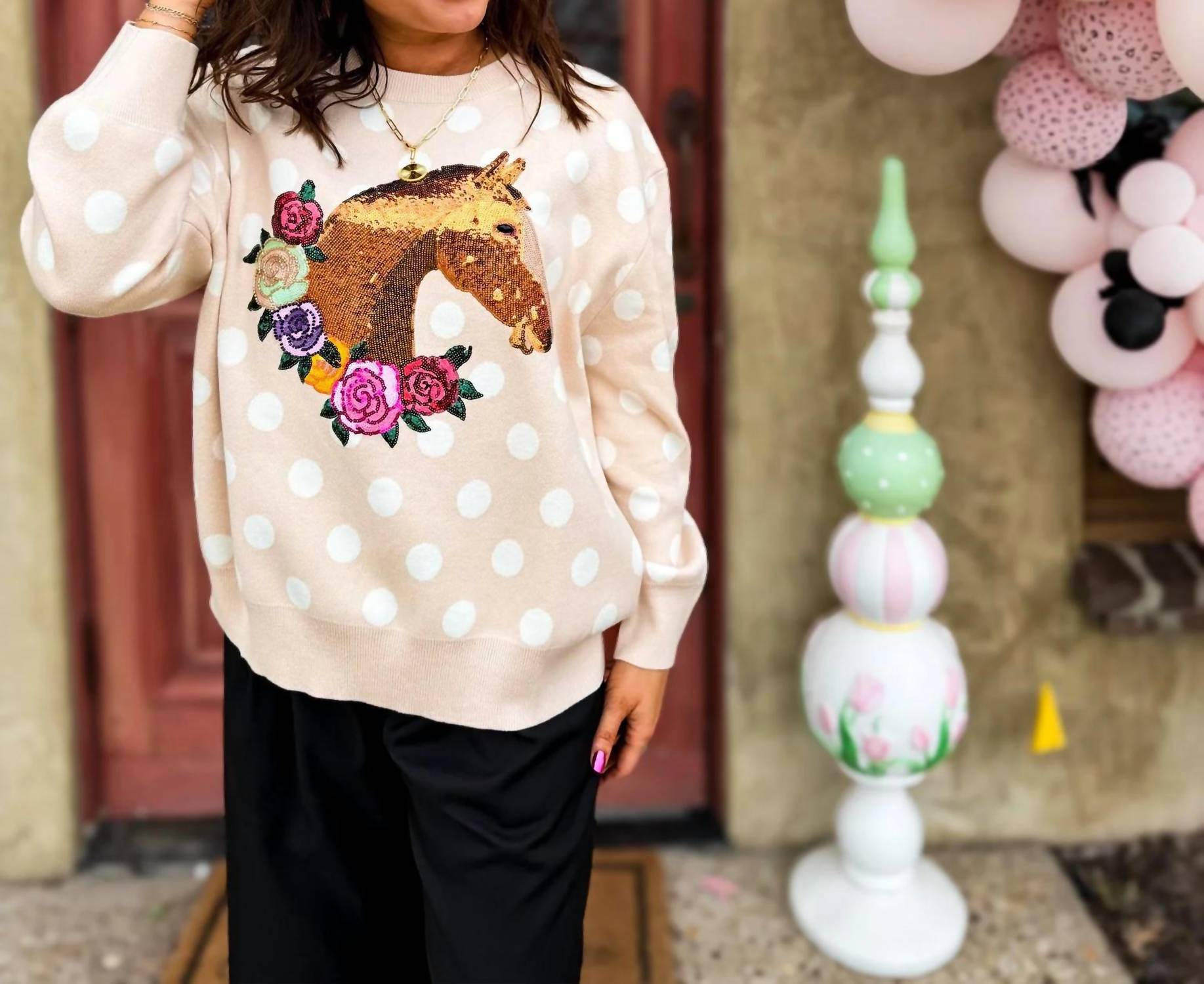 Queen Of Sparkles - Polka Dot Horse & Rose Wreath Sweater