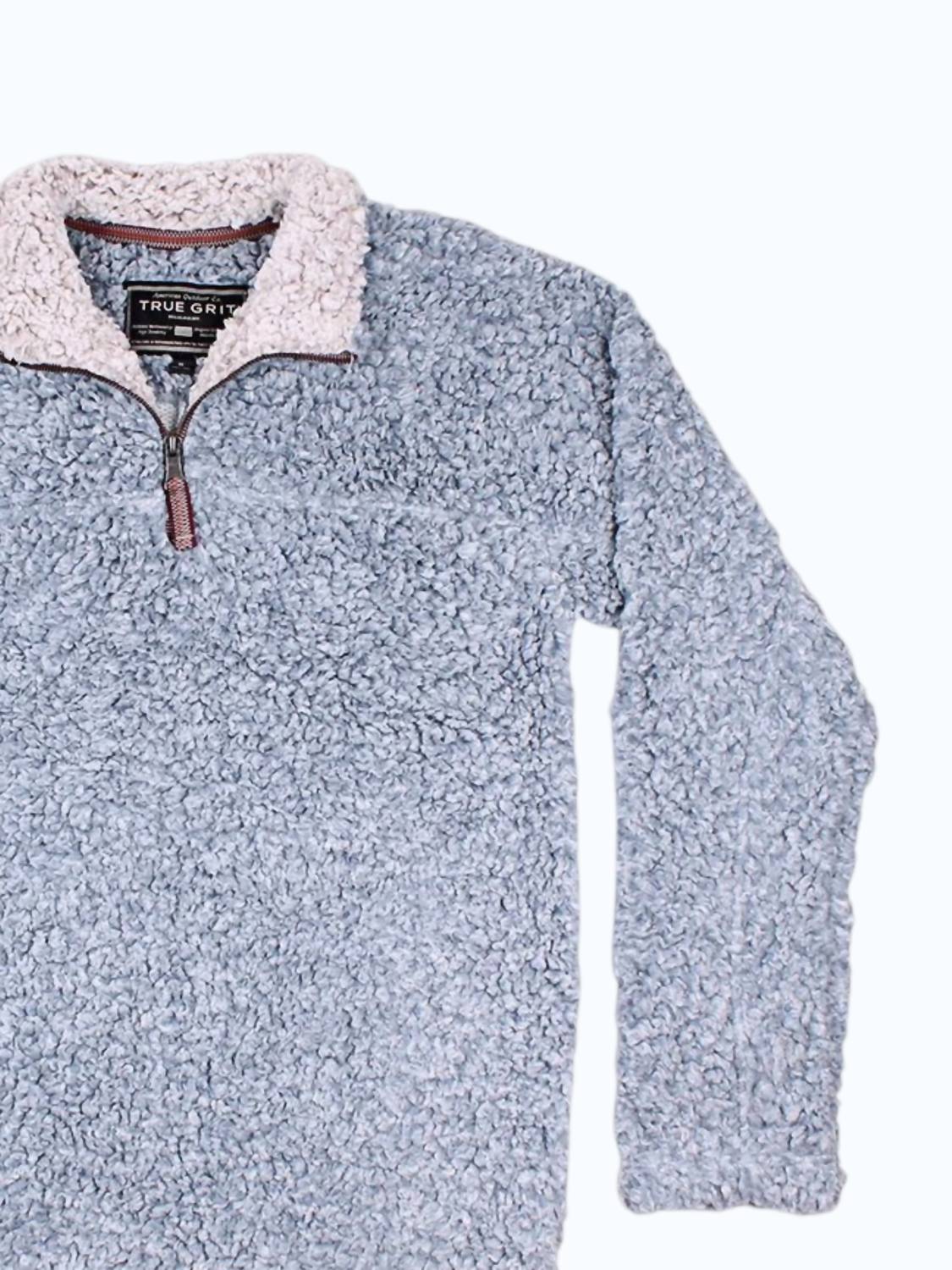 TRUE GRIT Men's Softest Tip Shearling 1/4 Zip Pullover in chambray - women's sweater - detail view