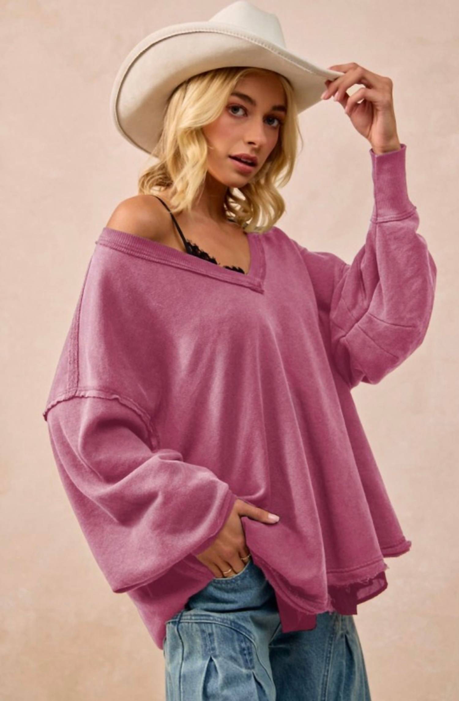 BiBi Desert Dreamer Oversized V-Neck Sweatshirt in dusty olive - women's sweater - alternate view