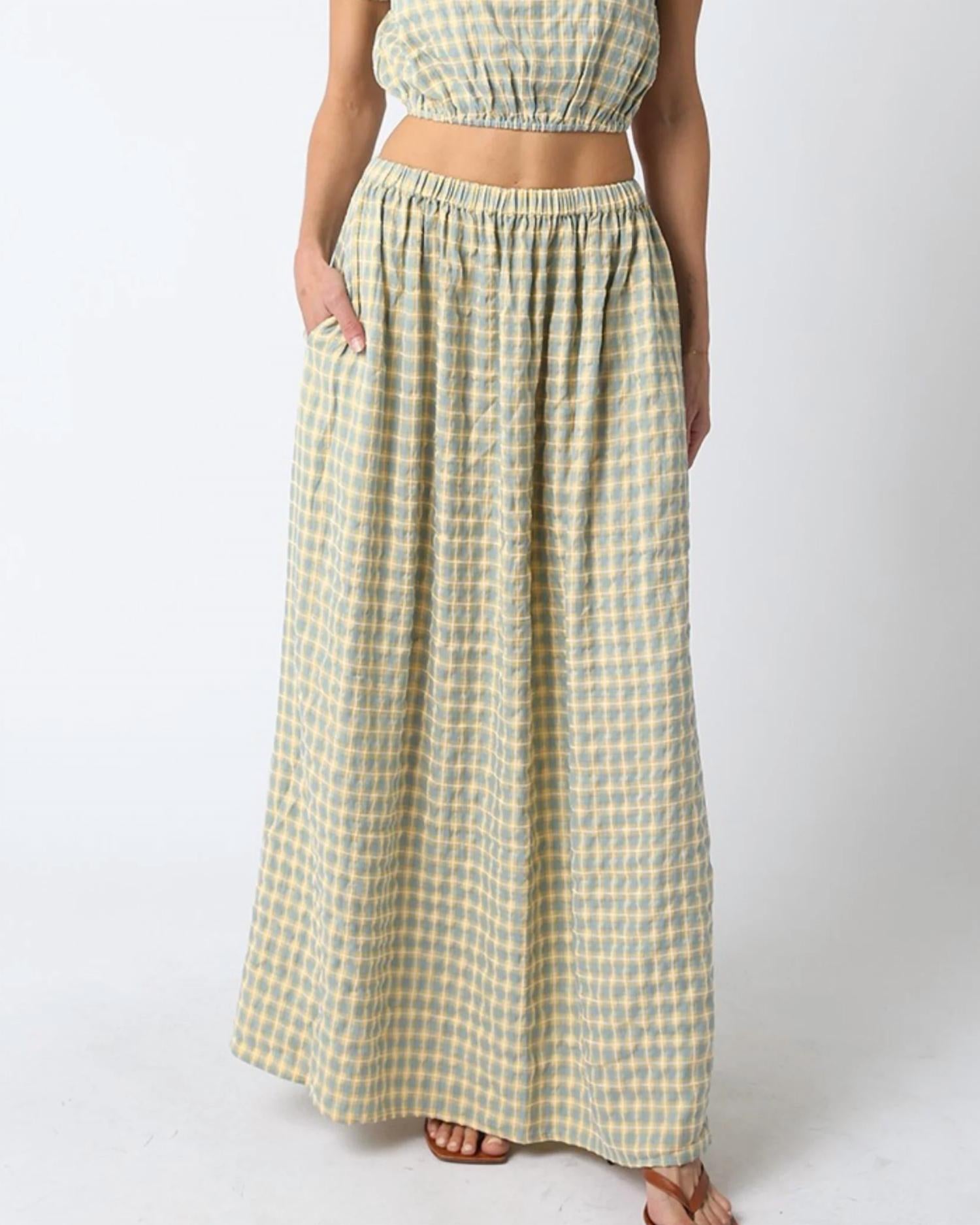 Olivaceous - Maxi Elastic Waist Check Skirt