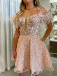 Sherri Hill - Sheer Corset Top Feathered Sleeves Short Gown