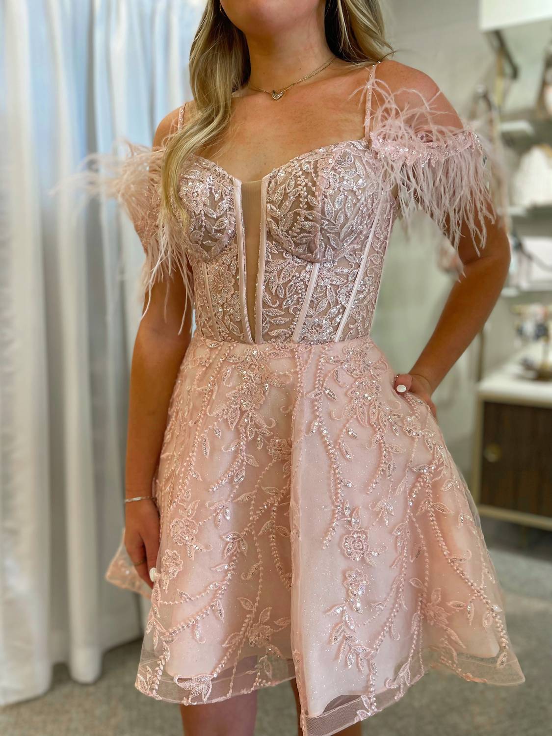 Sherri Hill - Sheer Corset Top Feathered Sleeves Short Gown