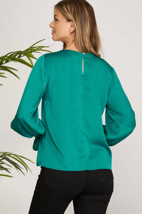 SHE + SKY Smocked Long Bubble Sleeve Satin Top in peacock - women's long sleeve top - alternate view