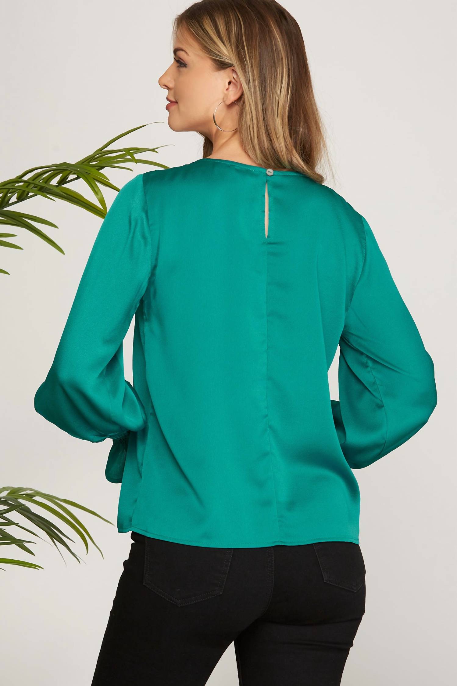 SHE + SKY Smocked Long Bubble Sleeve Satin Top in peacock - women's long sleeve top - alternate view