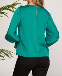 SHE + SKY Smocked Long Bubble Sleeve Satin Top in peacock - women's long sleeve top - detail view