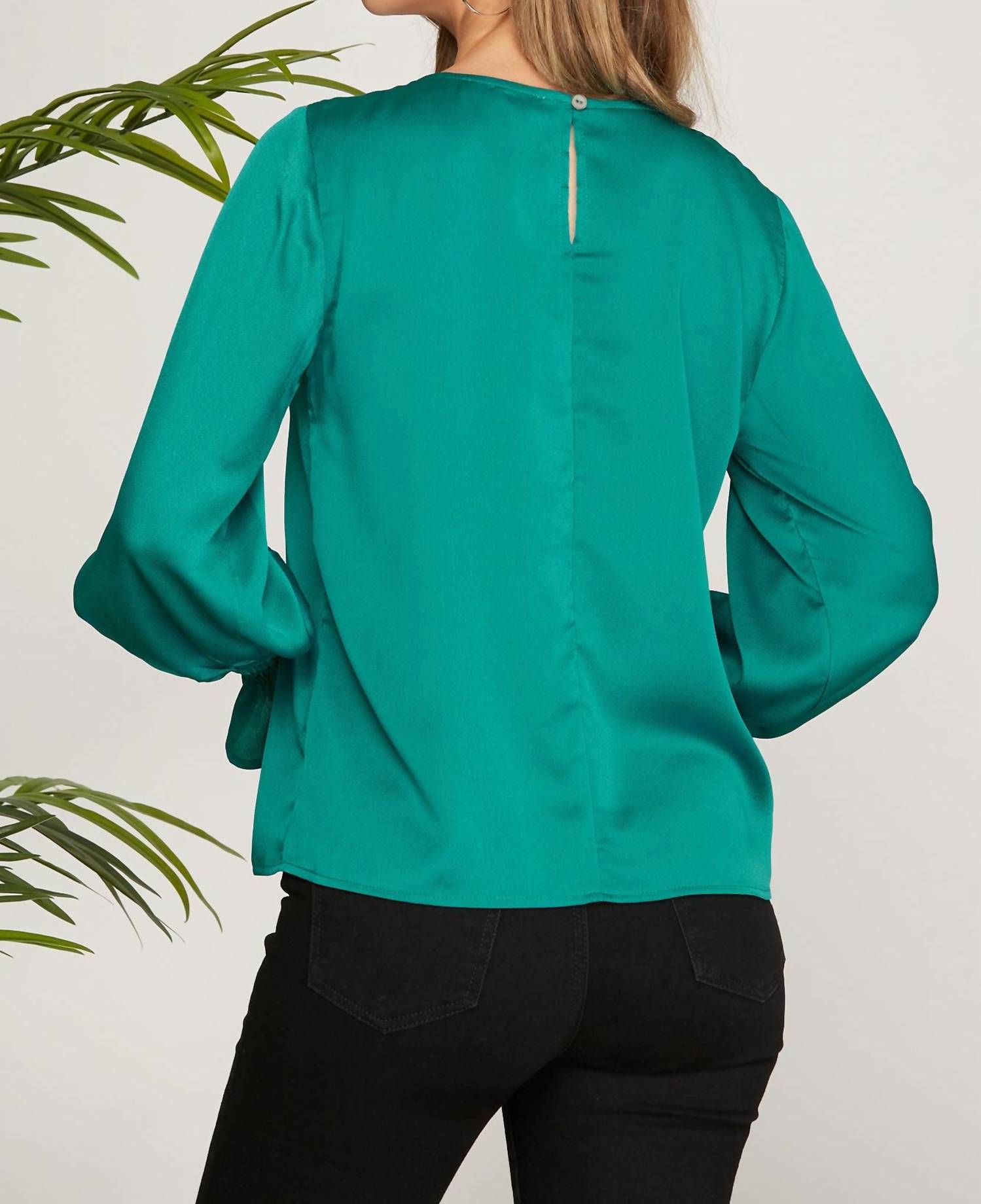 SHE + SKY Smocked Long Bubble Sleeve Satin Top in peacock - women's long sleeve top - detail view