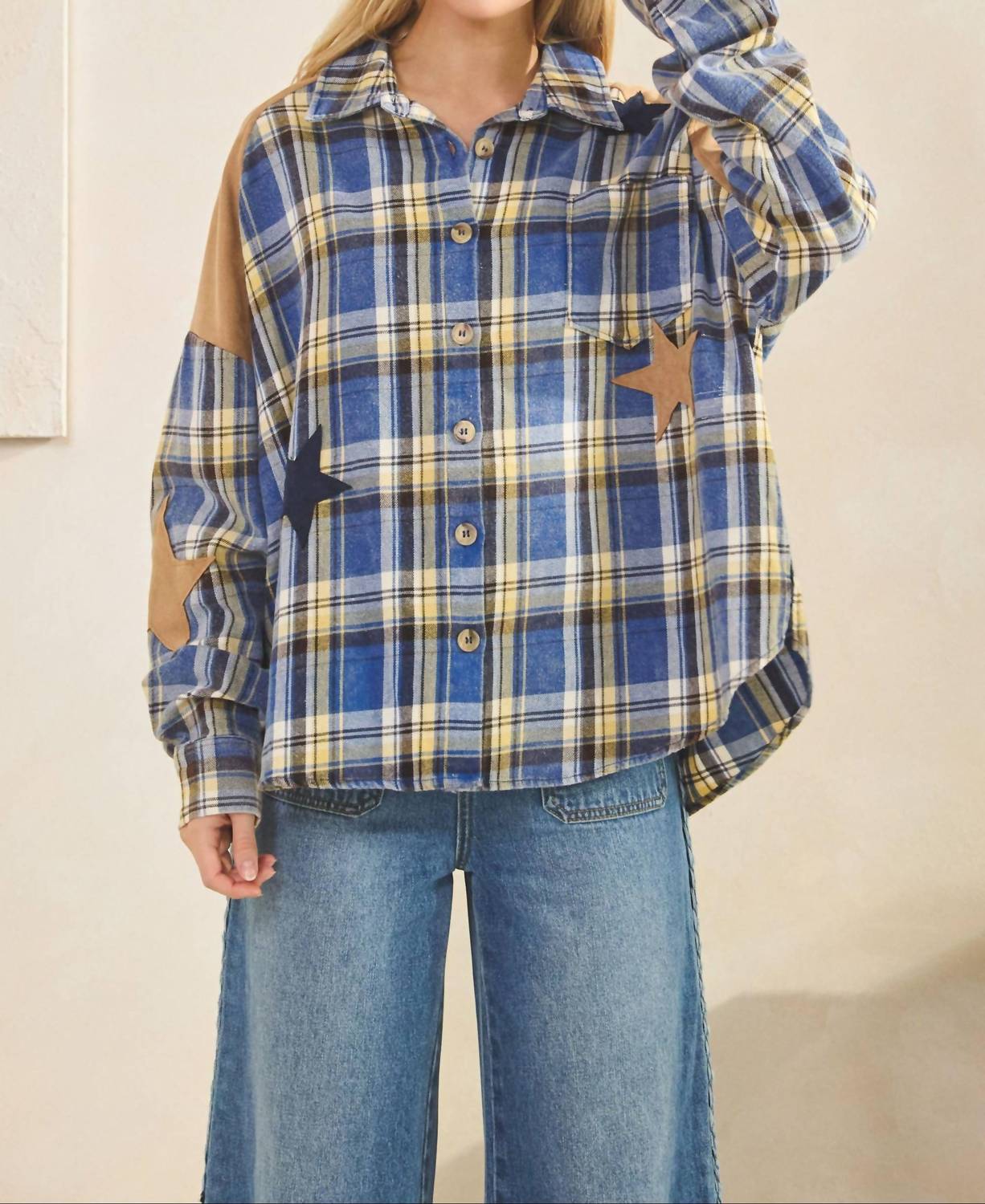 SAGE+FIG Skylar Star Patchwork Plaid Flannel Shirt in blue - women's shirt - detail view