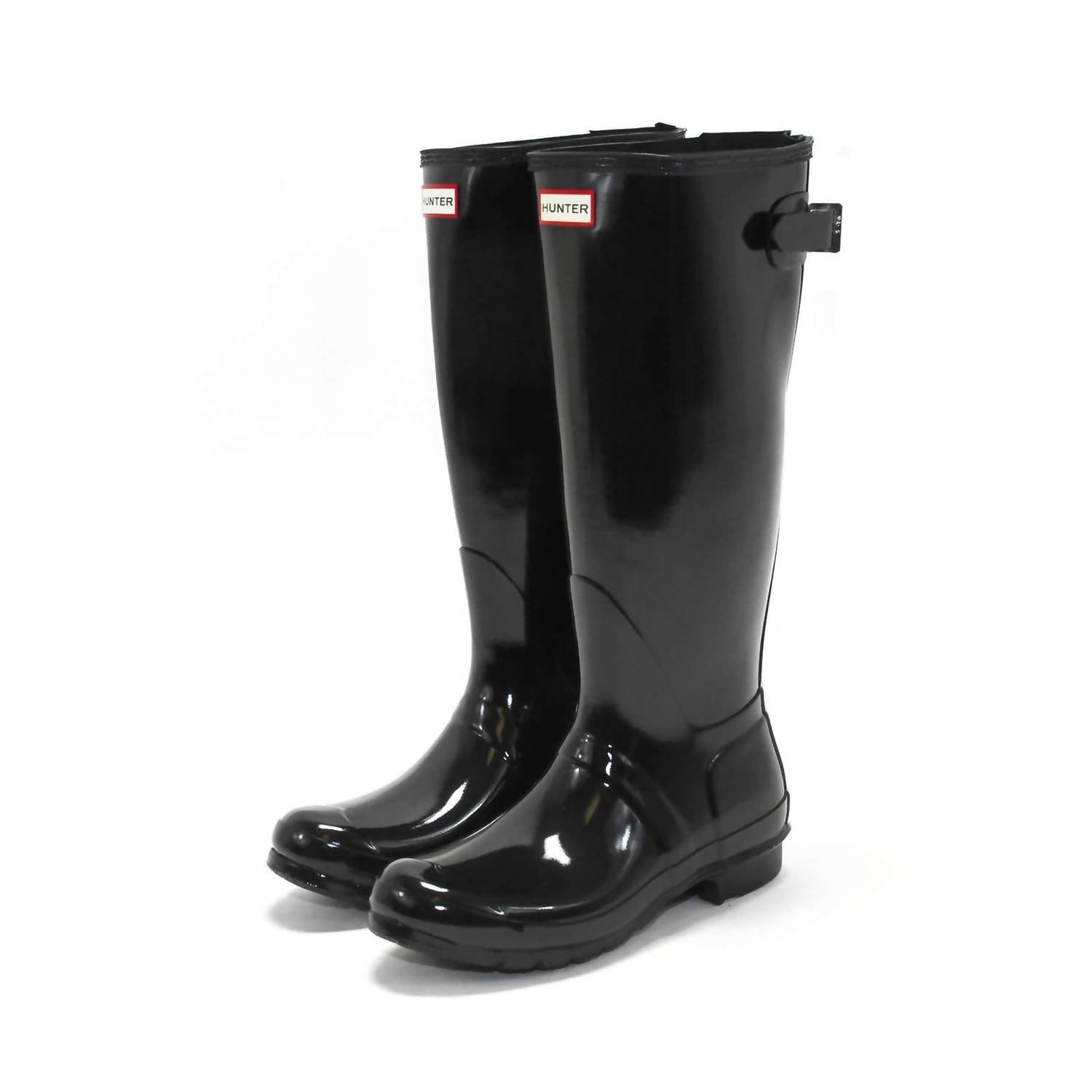 HUNTER Women's Original Tall Back Adjustable Gloss Rain Boots in black - women's shoe