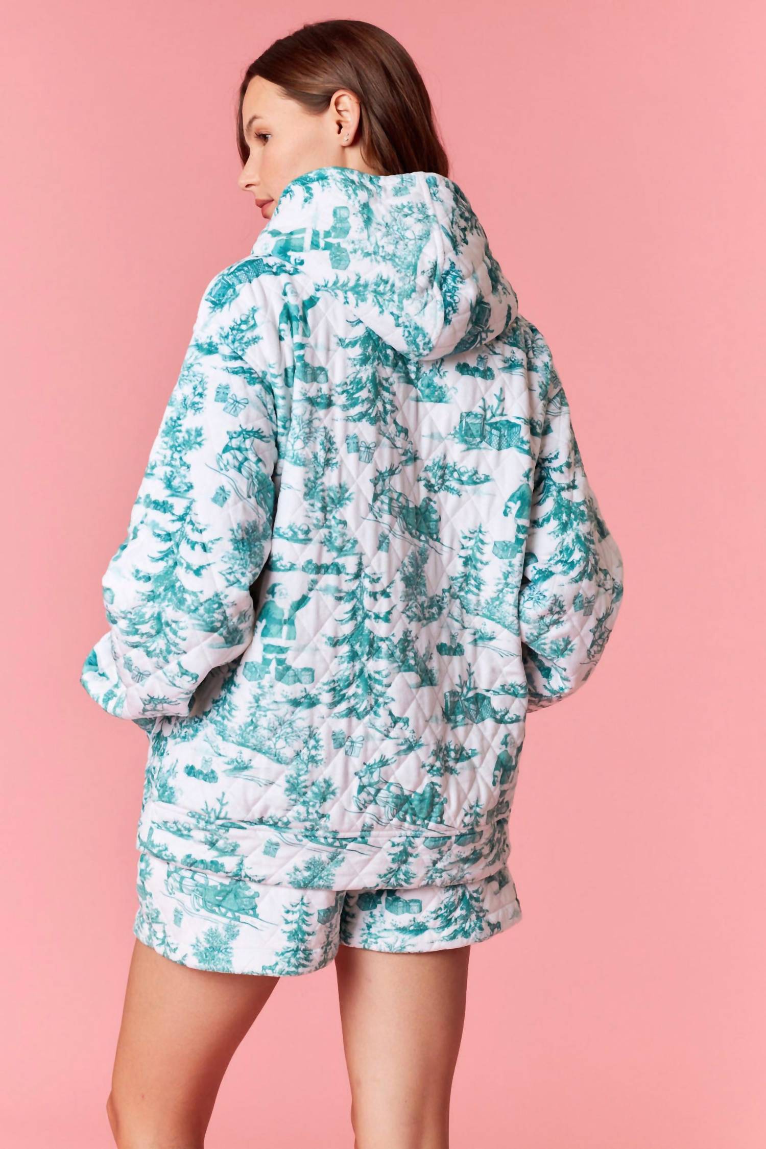 Peach Love Christmas Sights Quilted Hoodie in white green - women's top - detail view