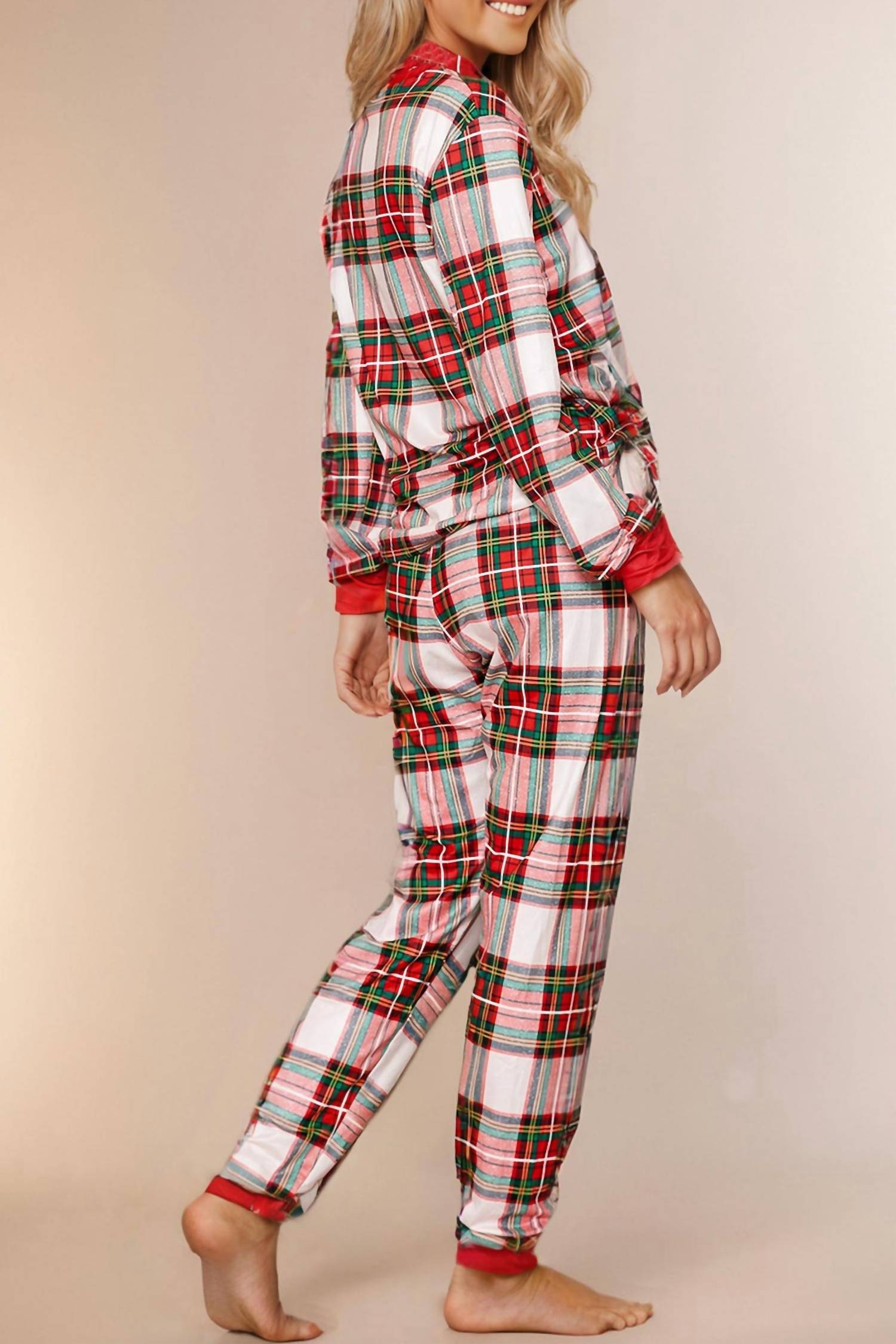 Liam & Company Lucy Plaid Christmas Pajamas Set in red multi - women's intimate - detail view