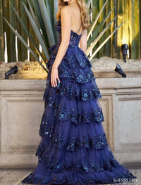 Sherri Hill Ruffle Skirt One Shoulder Dress in navy - women's dress - detail view