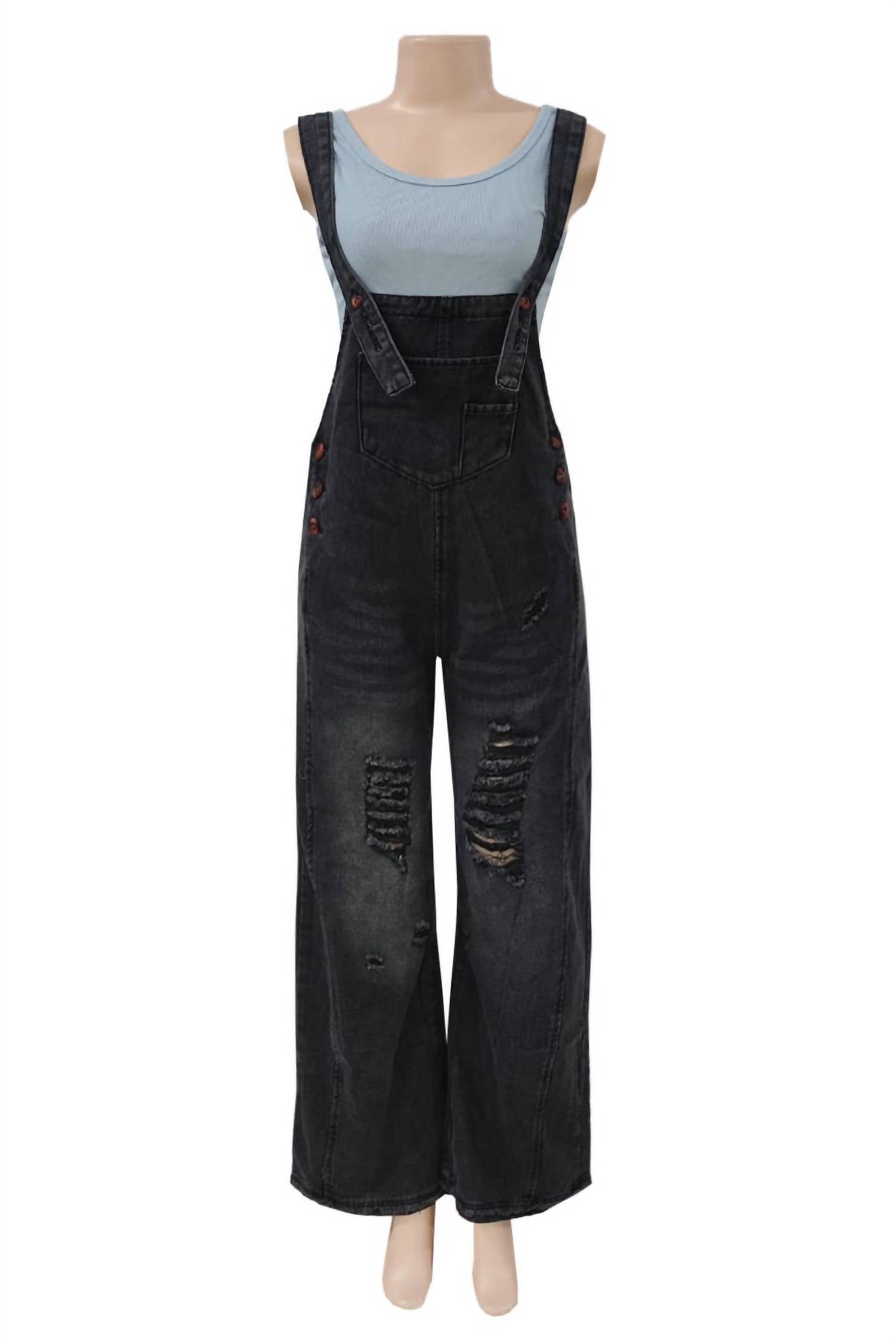 Rosa Clothing Southern Country Distressed Washed Denim Overall in black - women's pants - view 4
