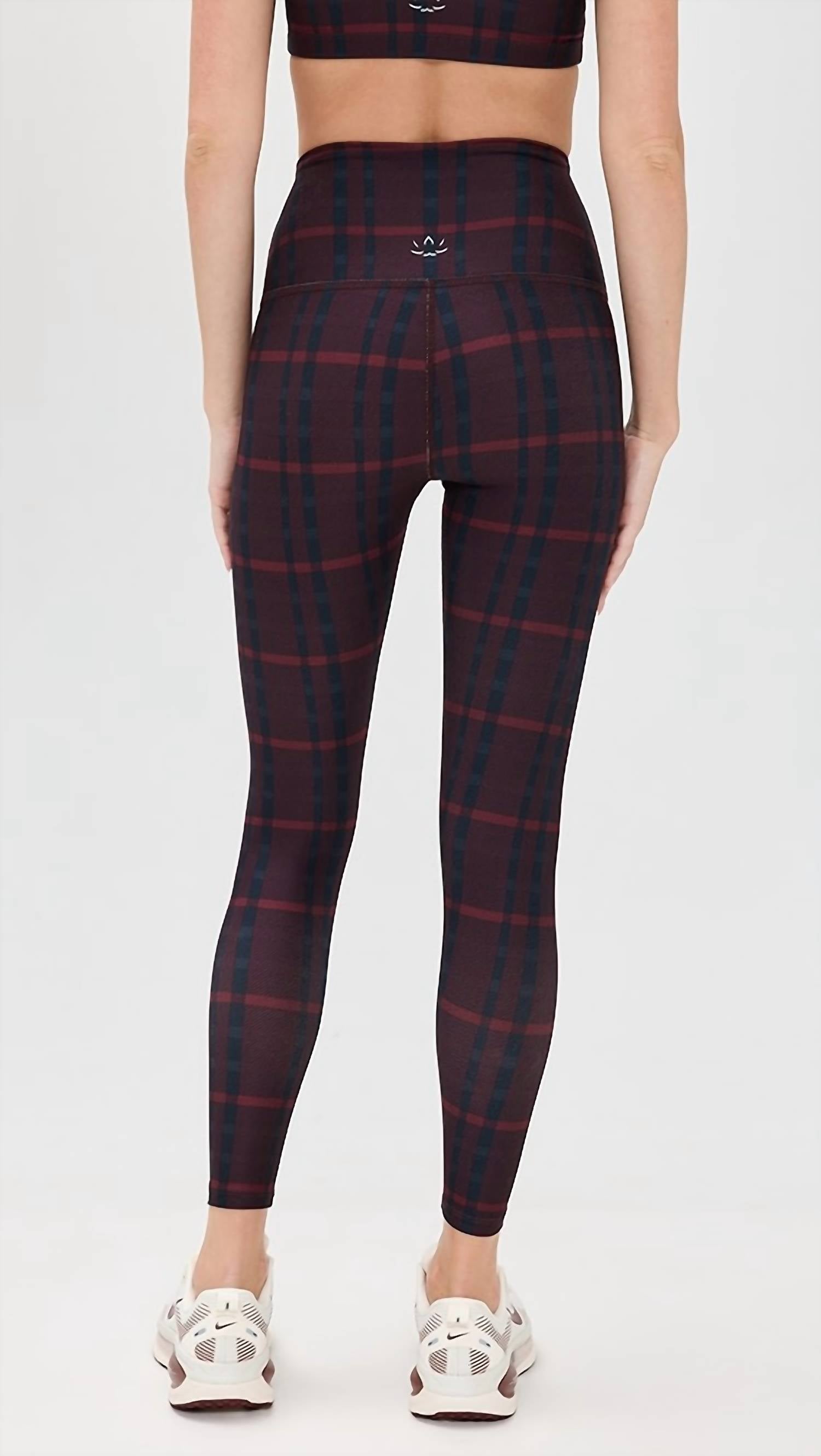 BEYOND YOGA Softmark High Waisted Midi Legging in dark cherry preppy plaid - women's pants - detail view