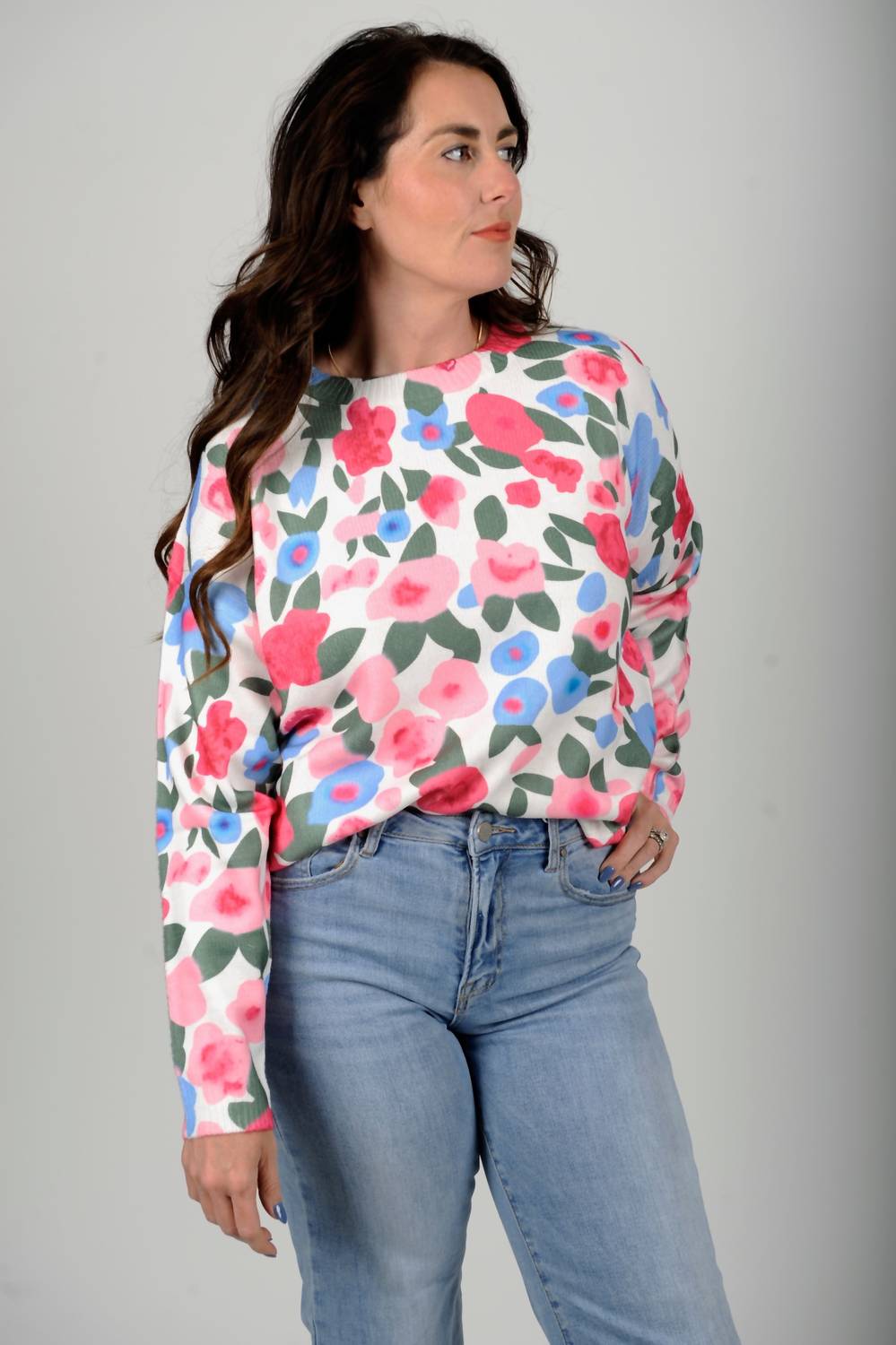 BiBi Spring Awakening Floral Sweater in white pink - women's sweater - alternate view