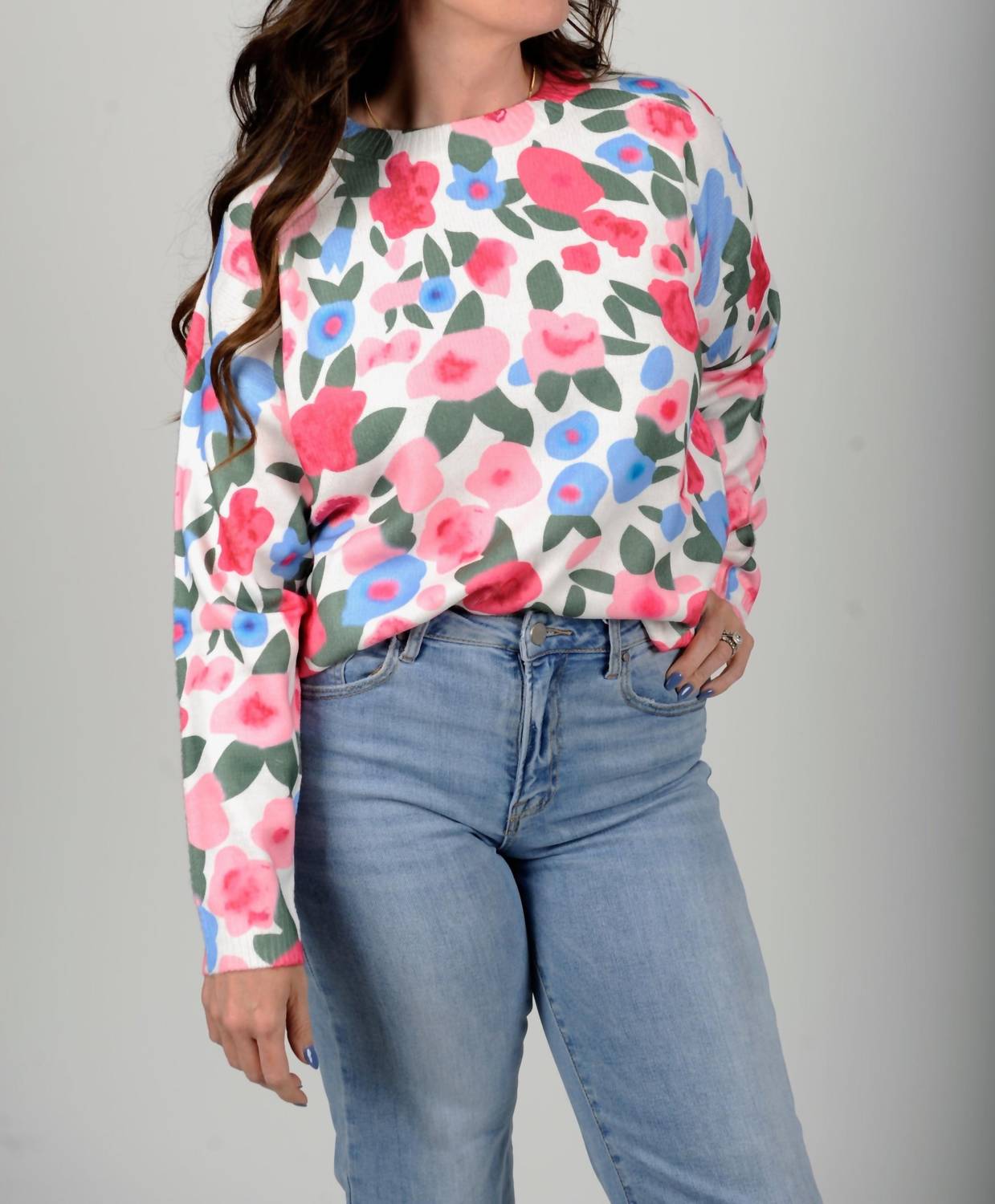 BiBi Spring Awakening Floral Sweater in white pink - women's sweater - detail view