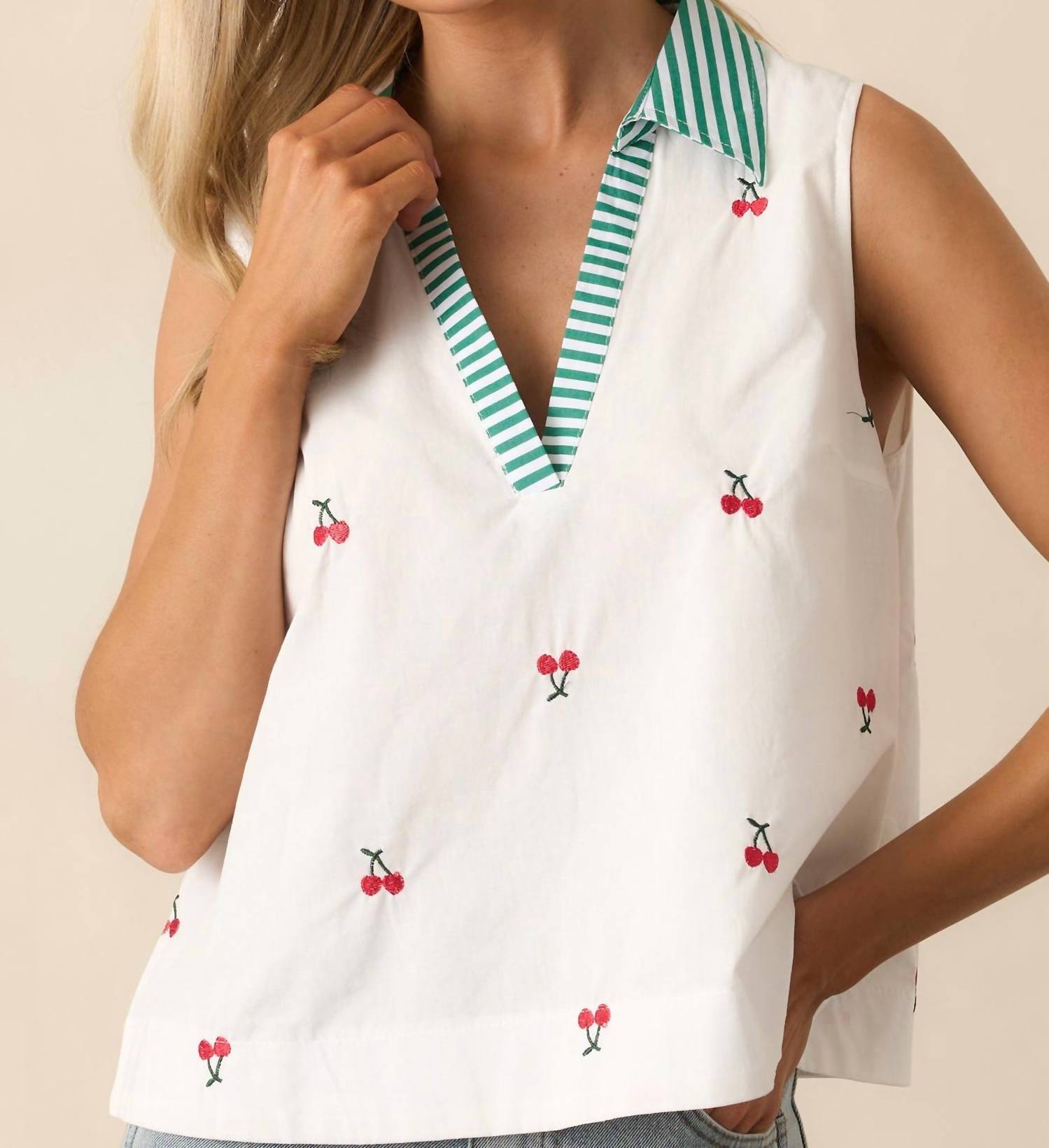 &merci Fruit Pattern Shirt Collar Sleeveless Top in cherry - women's blouse - detail view