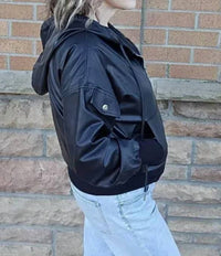 Clara Sunwoo - Liquid Leather Hooded Drawstring Track Jacket