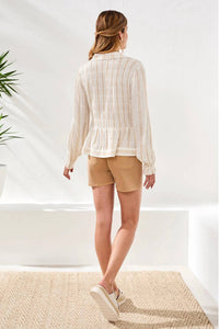 Tribal - Crinkled U‑neck Long Sleeve Smocked Blouse