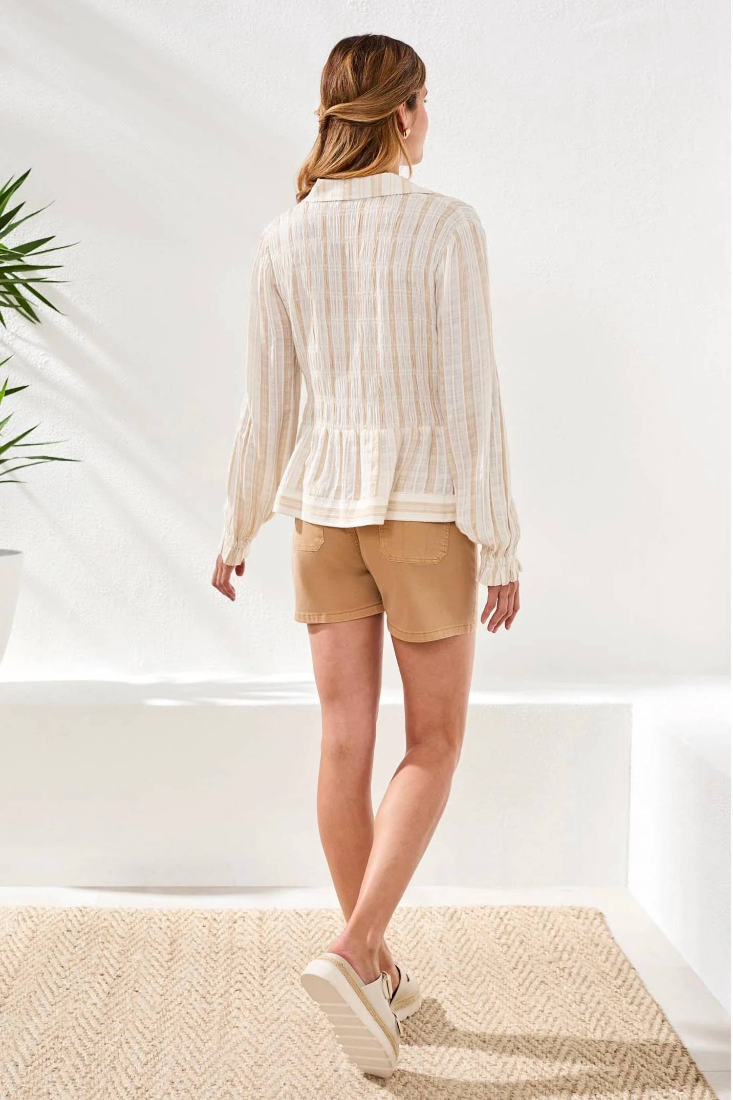 Tribal - Crinkled U‑neck Long Sleeve Smocked Blouse