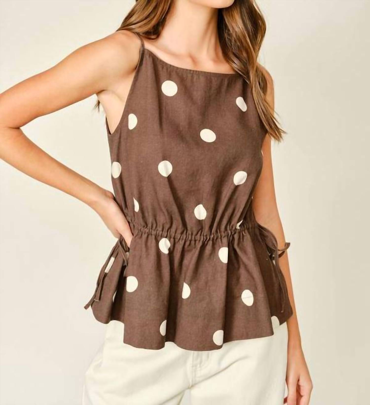 Aaron & Amber - Soft Touch Polka Dot Babydoll Waist Top