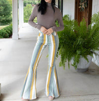 Saints & Hearts Multi Striped Flare Jeans in iceberg green - women's jeans