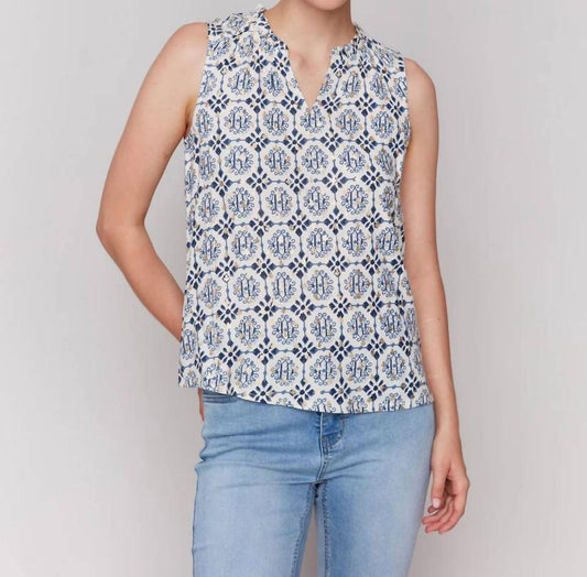 Charlie B - Ruffle Collar Geometric Pattern Blouse