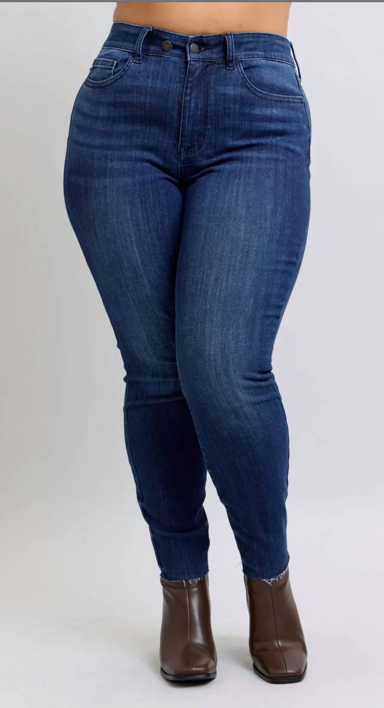 Judy Blue - Mid Rise Raw Hem Skinny Denim Jeans - Plus