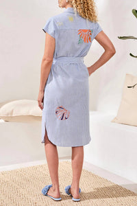 Tribal - Embroidered Stripe Belted Shirt Midi Dress