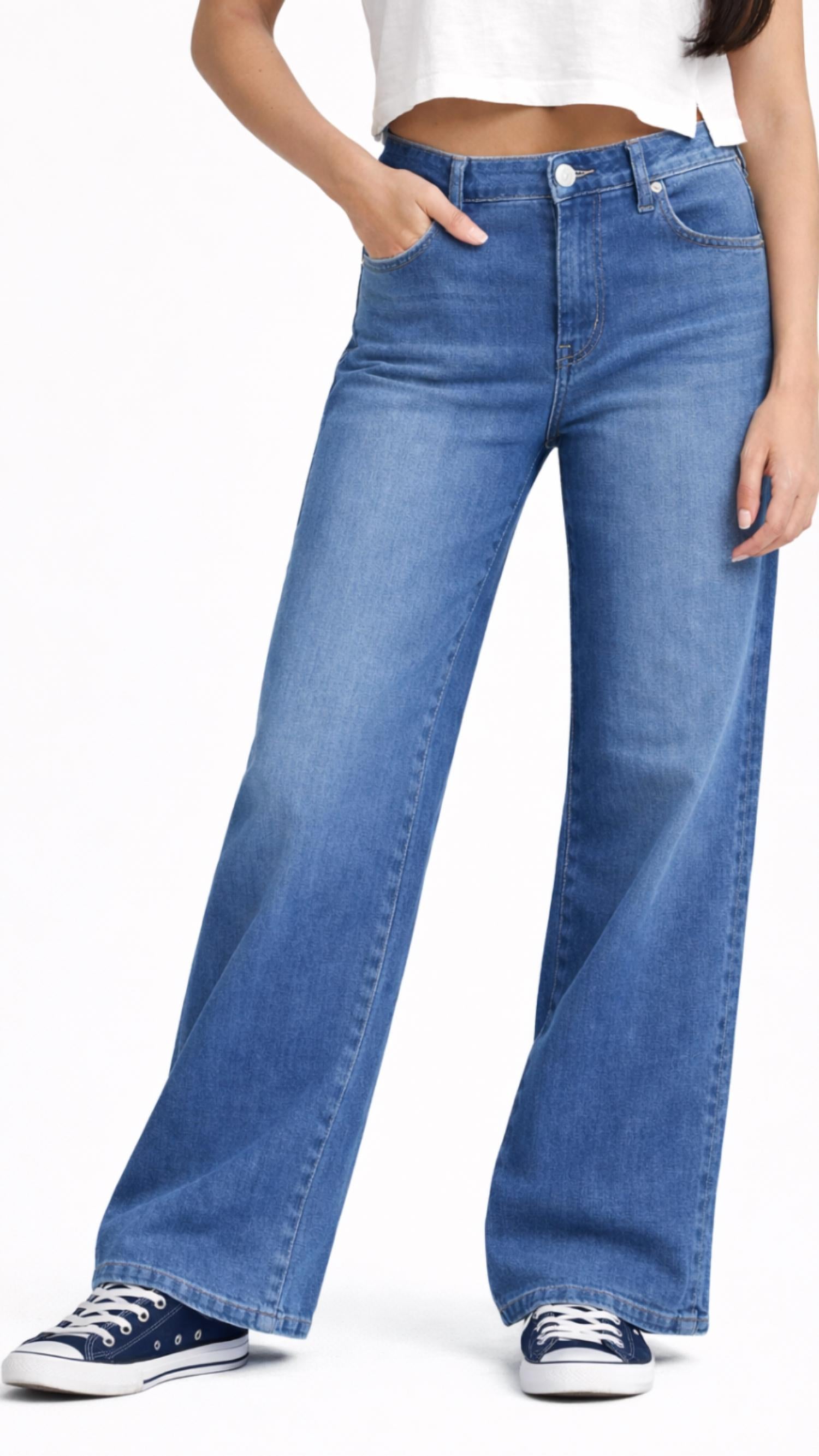 1822 Denim Better Butter Wide Leg With Shadow Masking Stripe Full Length Jeans in medium wash - women's jeans