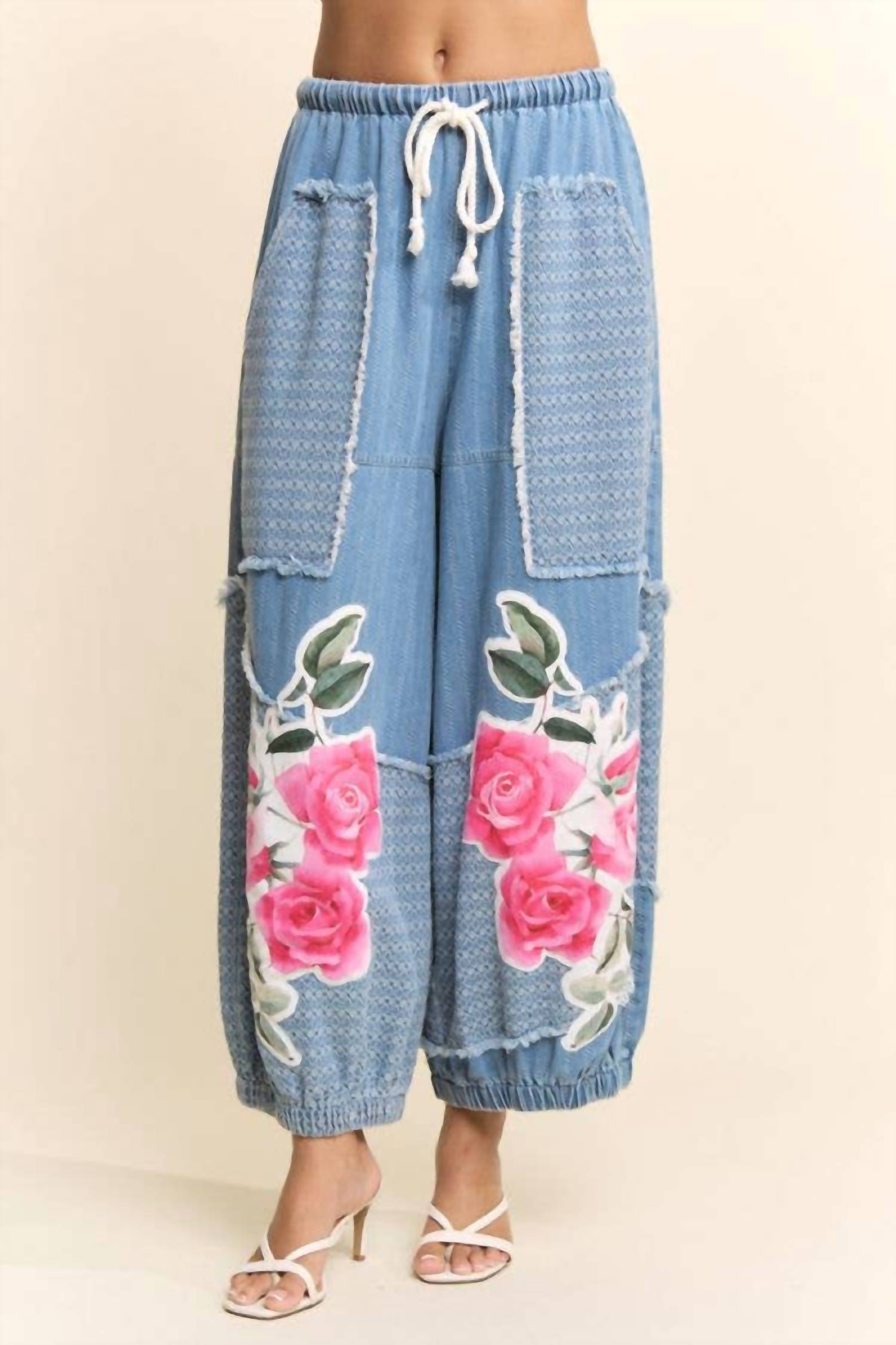 Davi & Dani - Denim Flower Patchwork Pants