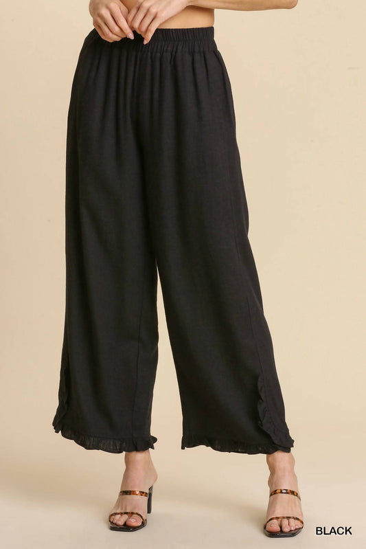 Umgee - Linen Blend Elastic Waist Ruffle Pants - Plus