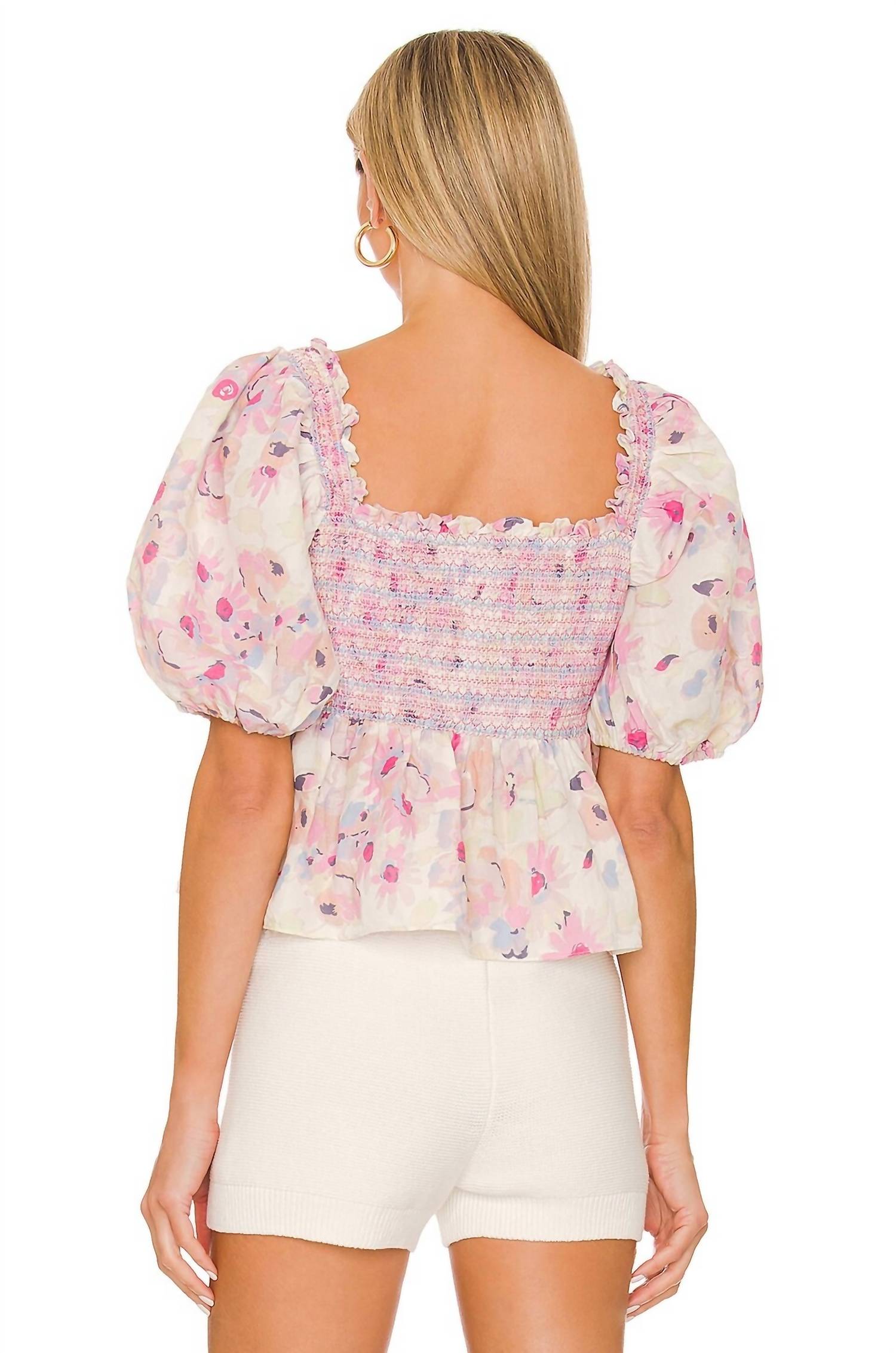 Something Navy - Floral Smocked Puff Shoulder Top