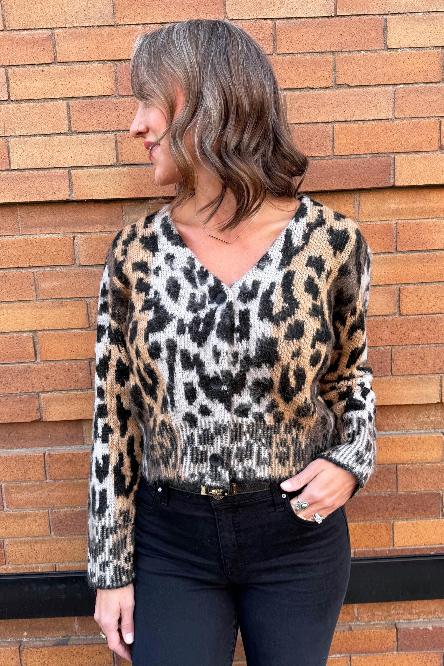ELAN Print Knit Cardigan in brown cheetah 1 - women's cardigan